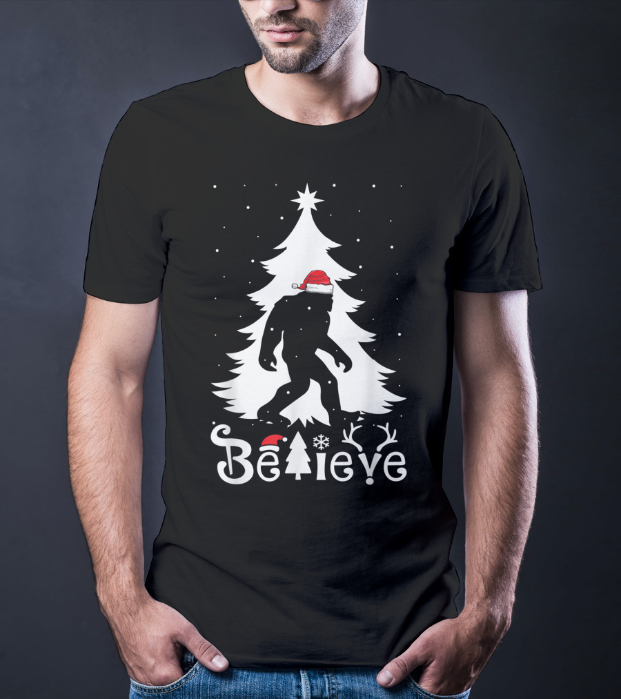 Believe Bigfoot Christmas Santa Hat Snowflakes T-Shirt