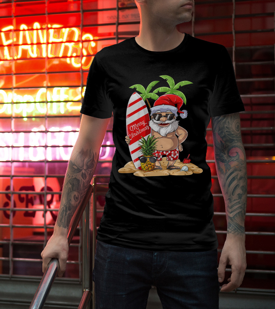 Merry Christmas Santa Hawaiian Surfing Summer Fun Pineapple Beach T-Shirt