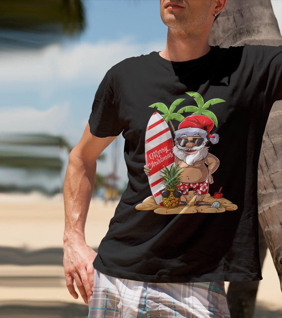 Merry Christmas Santa Hawaiian Surfing Summer Fun Pineapple Beach T-Shirt