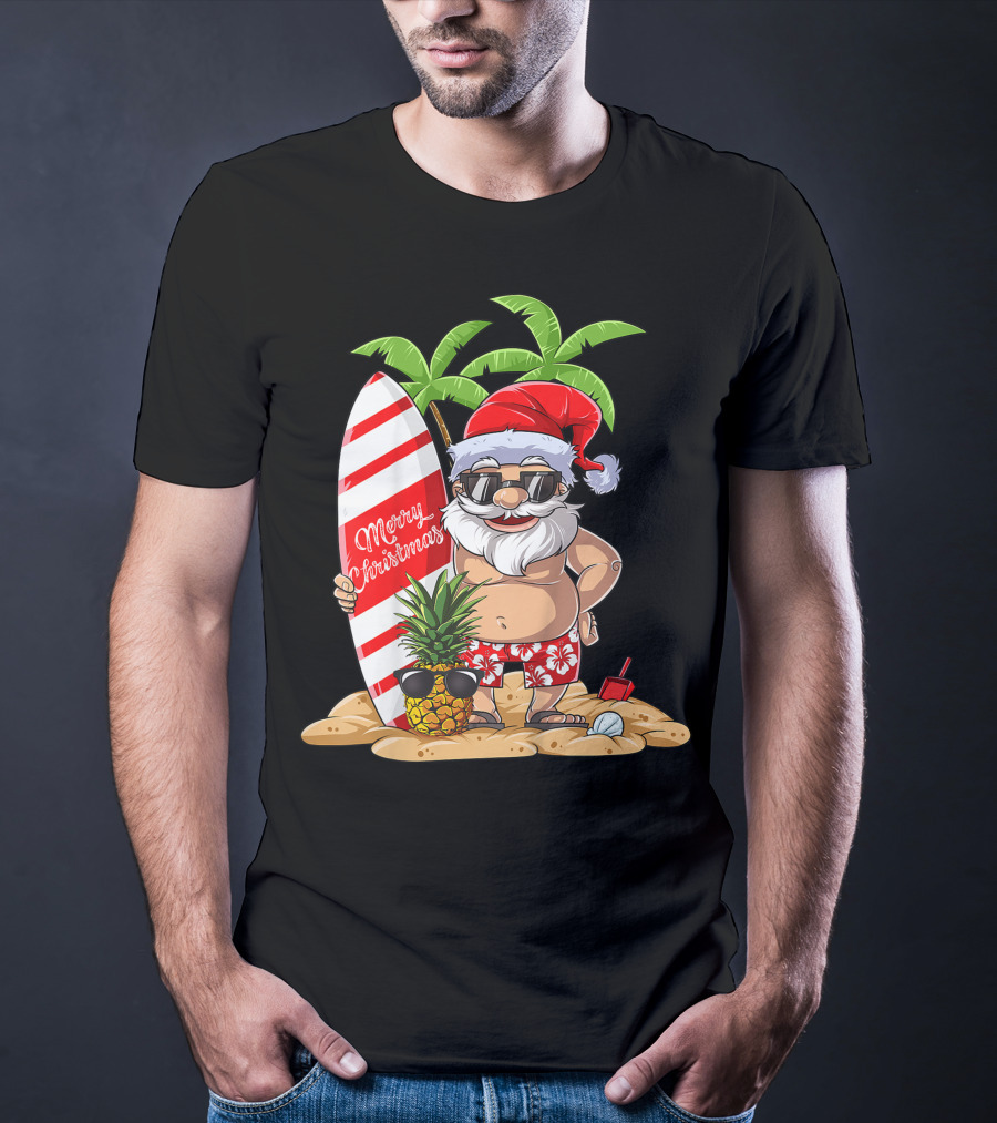 Merry Christmas Santa Hawaiian Surfing Summer Fun Pineapple Beach T-Shirt