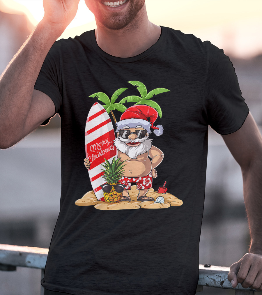Merry Christmas Santa Hawaiian Surfing Summer Fun Pineapple Beach T-Shirt