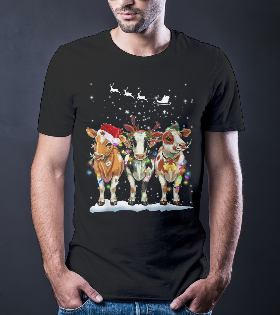 Cow Reindeer Hat Santa Christmas Light Sleigh Snowflakes T-Shirt