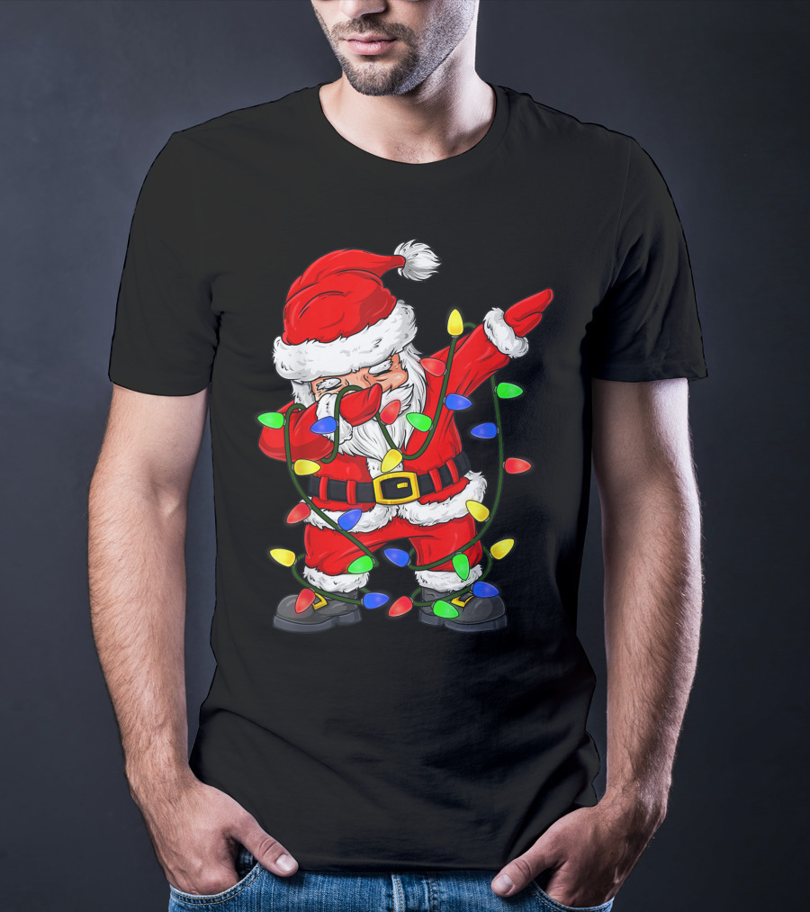 Dabbing Santa Claus Wrapped In Christmas Tree Lights T-Shirt