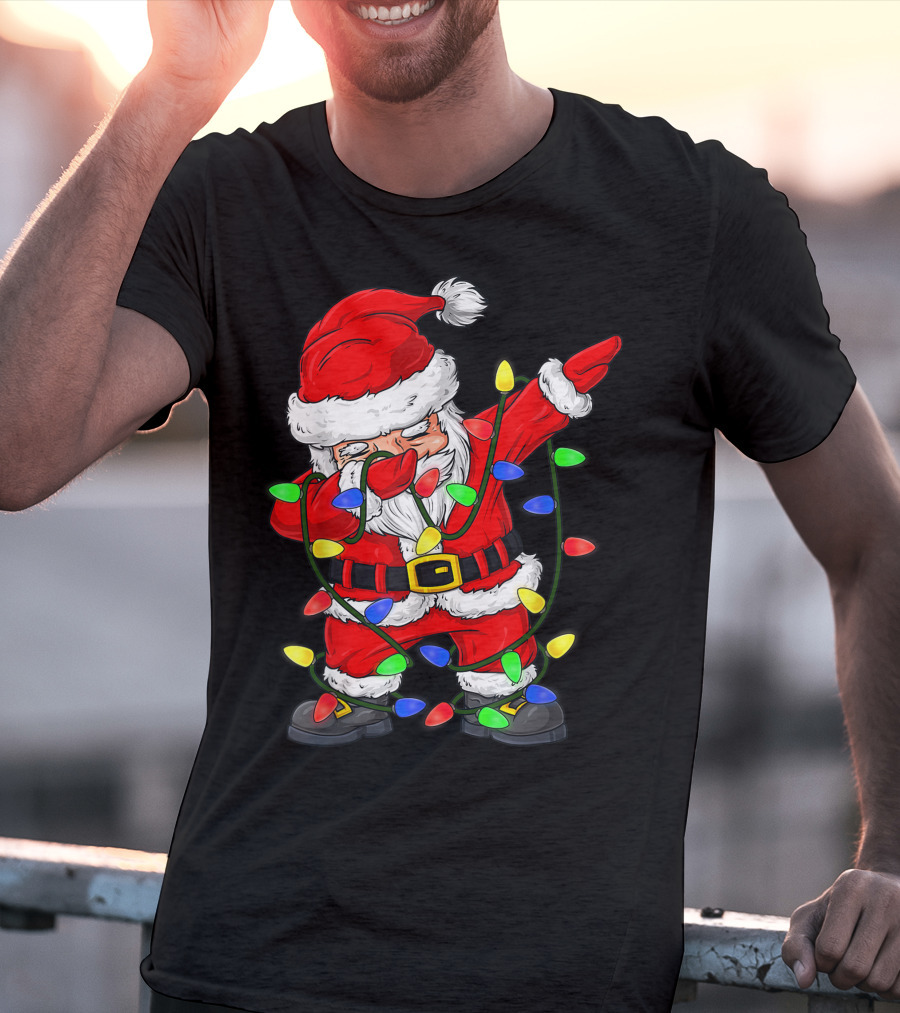 Dabbing Santa Claus Wrapped In Christmas Tree Lights T-Shirt