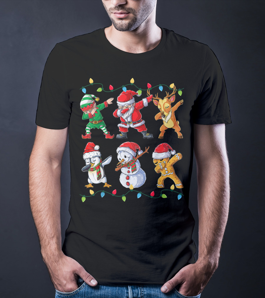 Dabbing Santa Claus Elf Reindeer Penguin Snowman Gingerbread Friends Christmas Lights T-Shirt