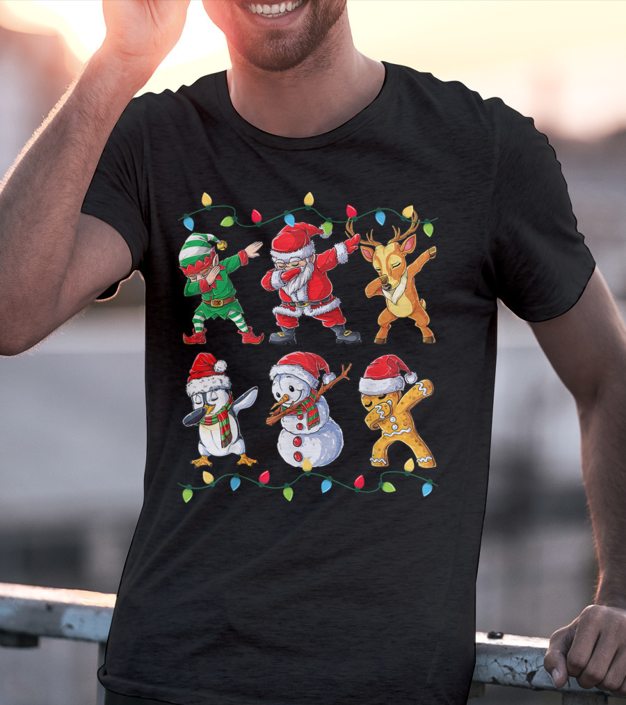 Dabbing Santa Claus Elf Reindeer Penguin Snowman Gingerbread Friends Christmas Lights T-Shirt