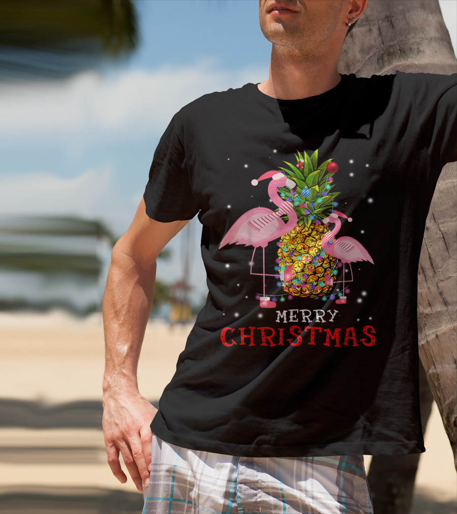 Merry Christmas Flamingo Pineapple With Xmas Lights T-Shirt