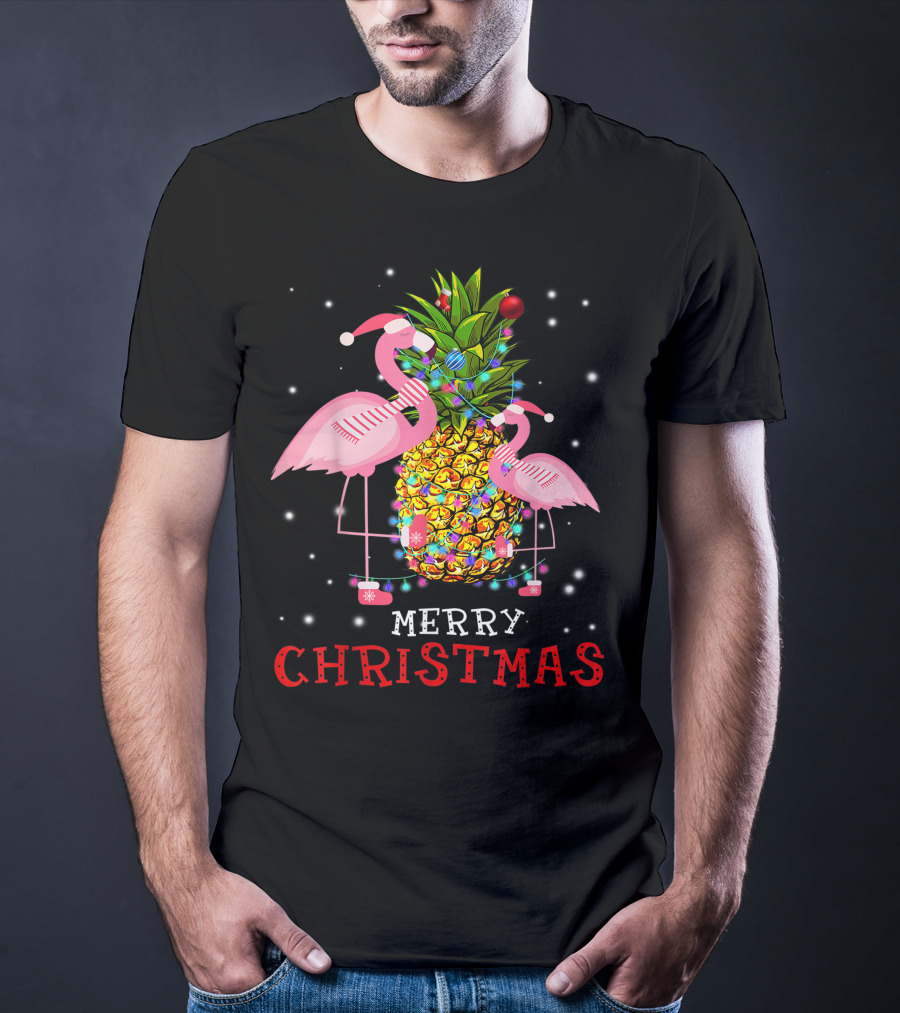 Merry Christmas Flamingo Pineapple With Xmas Lights T-Shirt