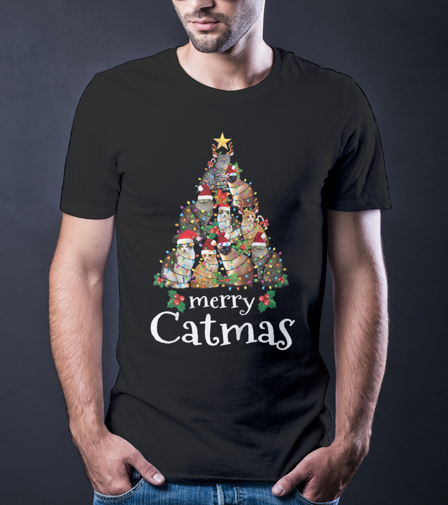 Merry Catmas Xmas Kids Funny Cat Christmas Tree With Cats In Santa Hats And Lights T-Shirt