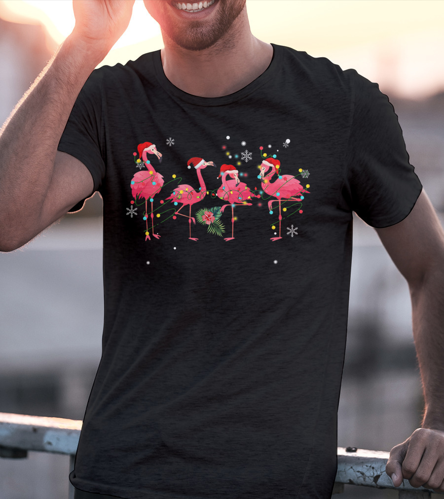 Pink Flamingo Christmas Lights And Snowflakes Fiesta T-Shirt