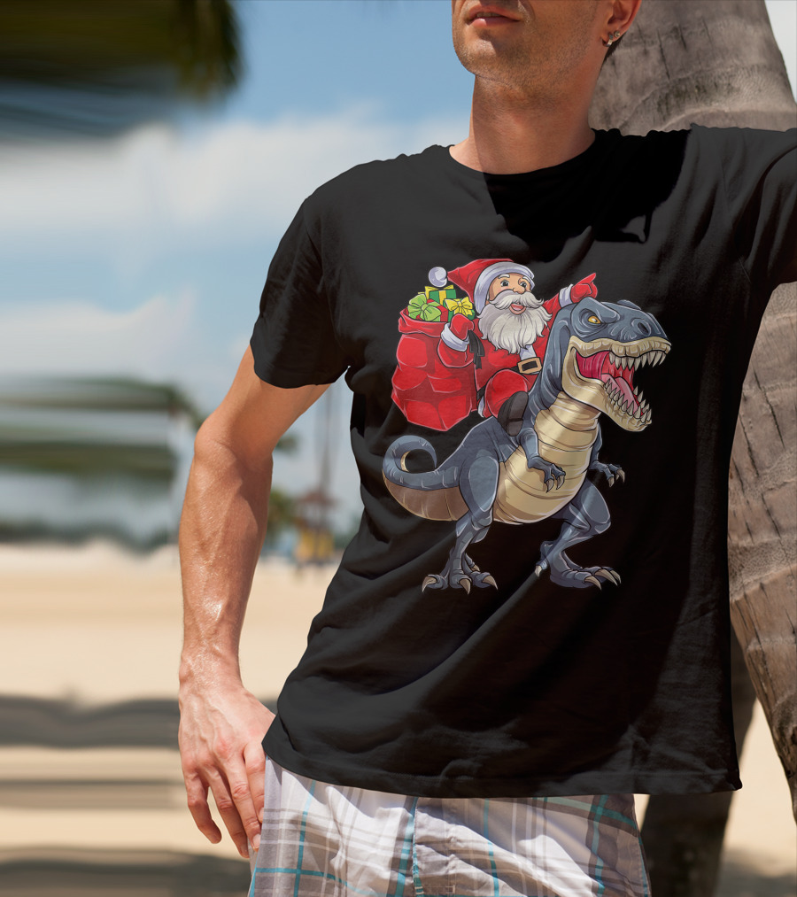 Santa Claus Riding T-Rex With Gifts T-Shirt