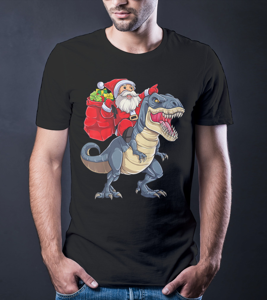 Santa Claus Riding T-Rex With Gifts T-Shirt