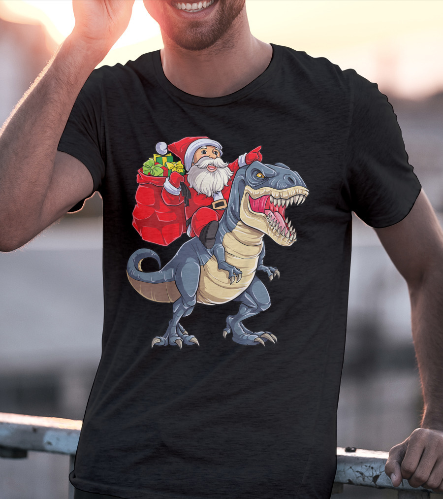 Santa Claus Riding T-Rex With Gifts T-Shirt