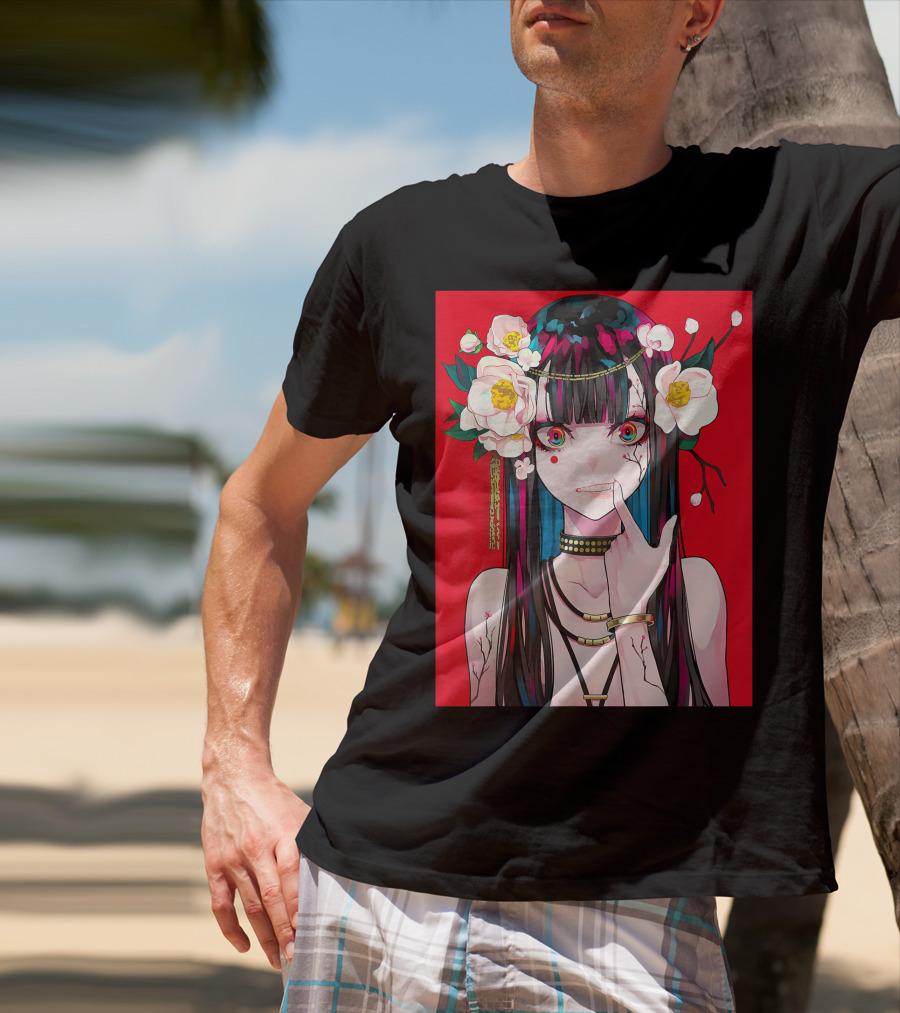 Anime Girl Japanese Aesthetic Otaku Red Background Flowers T-Shirt
