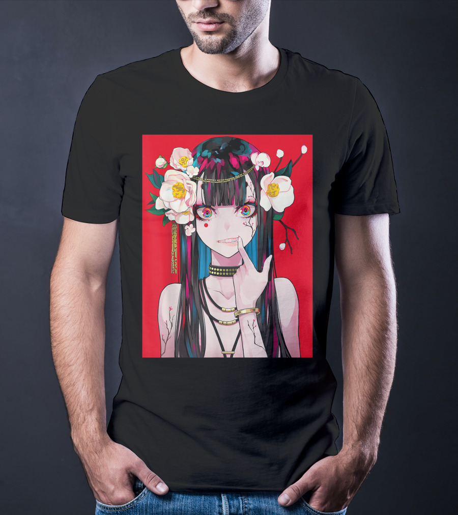 Anime Girl Japanese Aesthetic Otaku Red Background Flowers T-Shirt