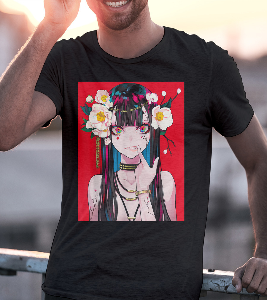 Anime Girl Japanese Aesthetic Otaku Red Background Flowers T-Shirt