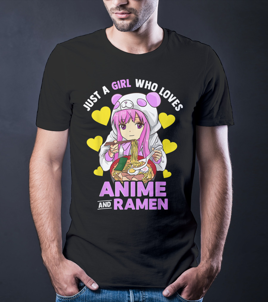 Just A Girl Who Loves Anime And Ramen Panda Hoodie Pink Hair T-Shirt