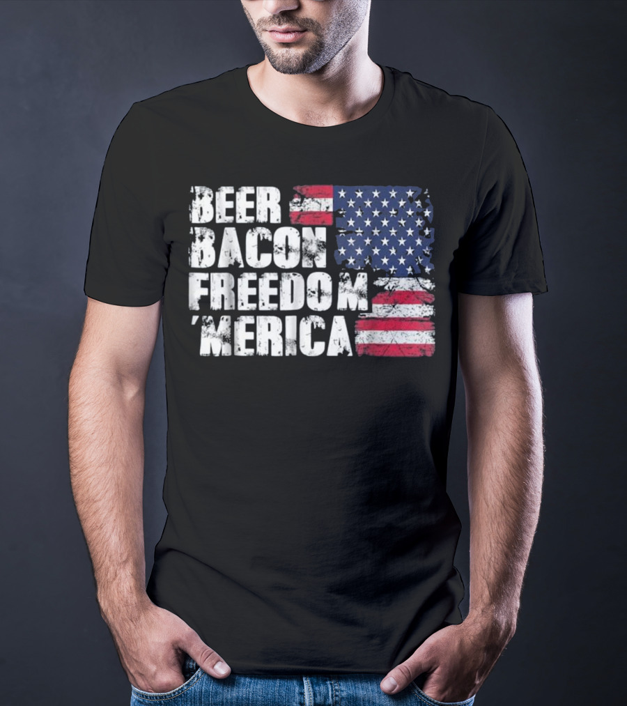 Beer Bacon Freedom Merica American Flag Patriotic T-Shirt