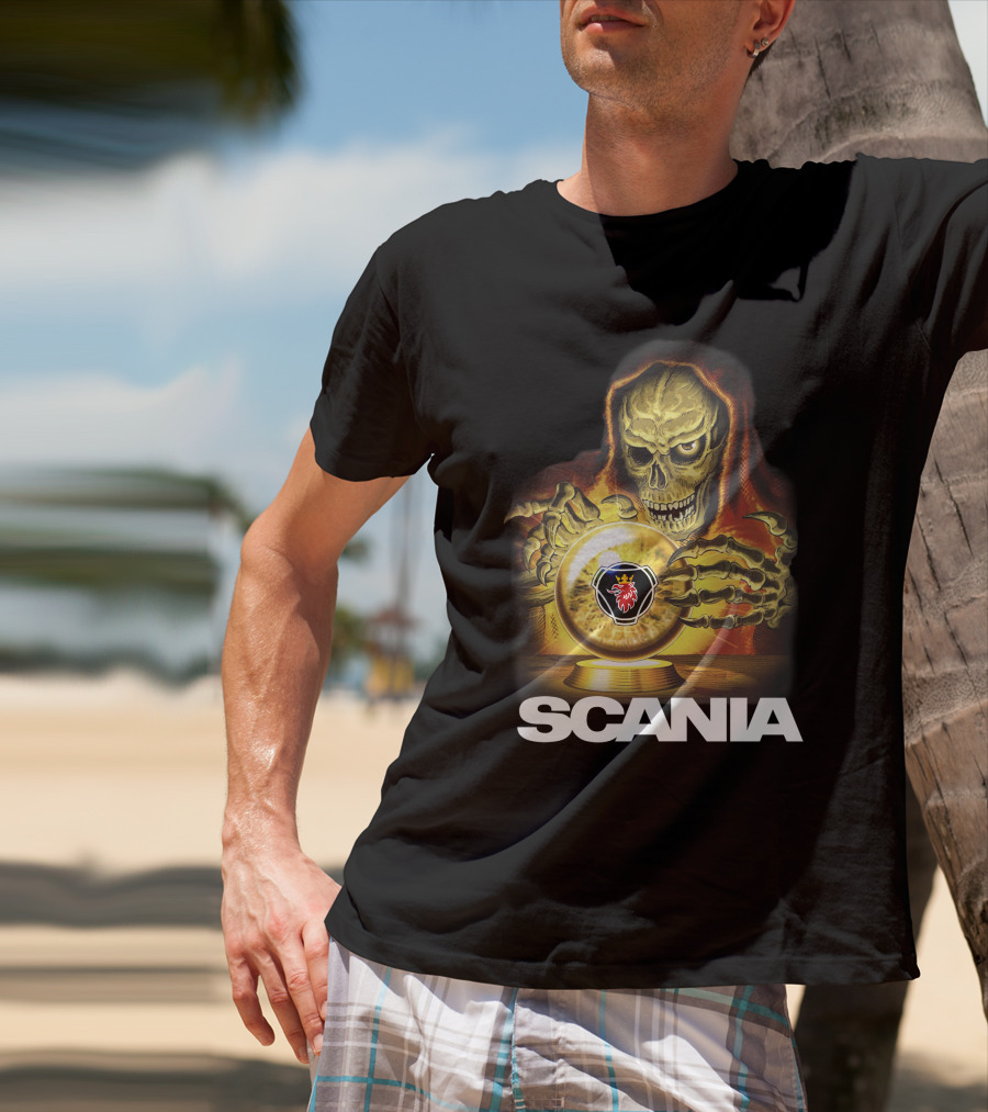 SCANIA Skeleton Hooded Figure With Crystal Ball And Red Lion Emblem T-Shirt