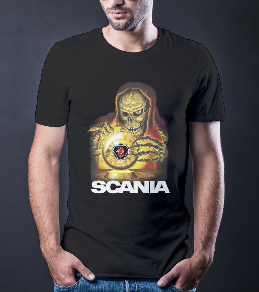 SCANIA Skeleton Hooded Figure With Crystal Ball And Red Lion Emblem T-Shirt