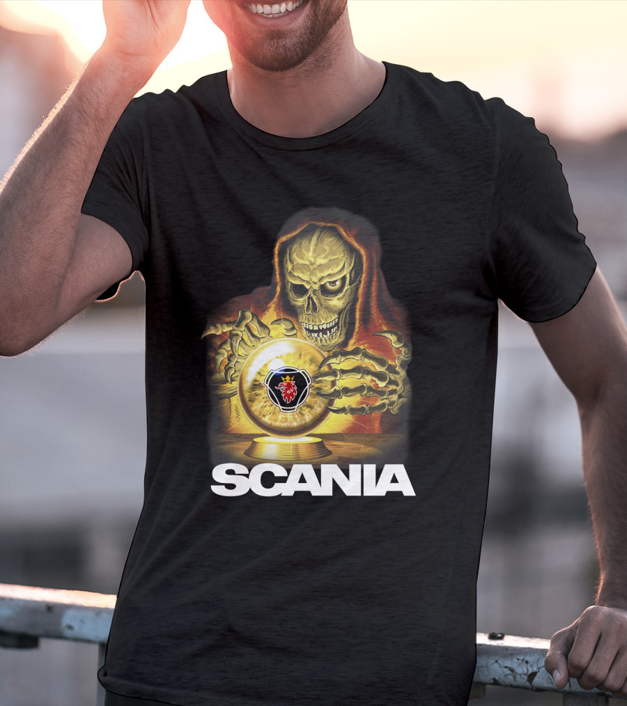 SCANIA Skeleton Hooded Figure With Crystal Ball And Red Lion Emblem T-Shirt