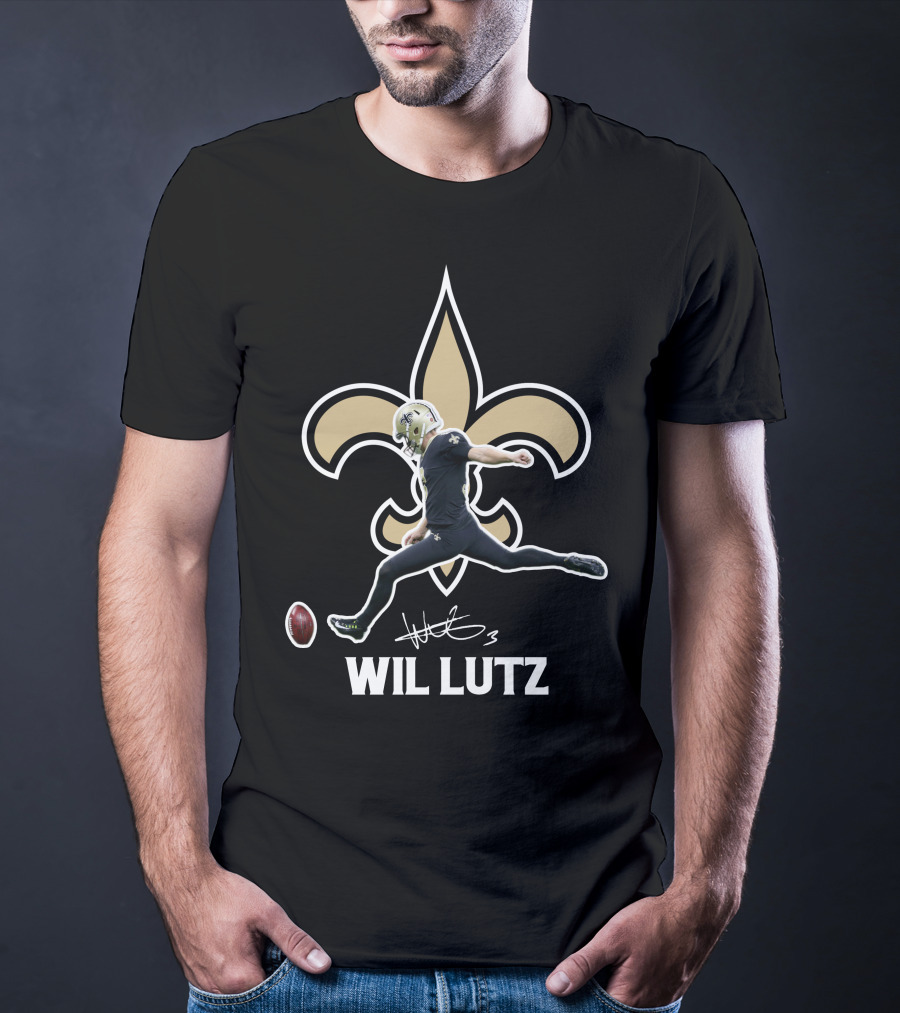 Wil Lutz New Orleans Saints Kicking Action Fleur-de-Lis T-Shirt