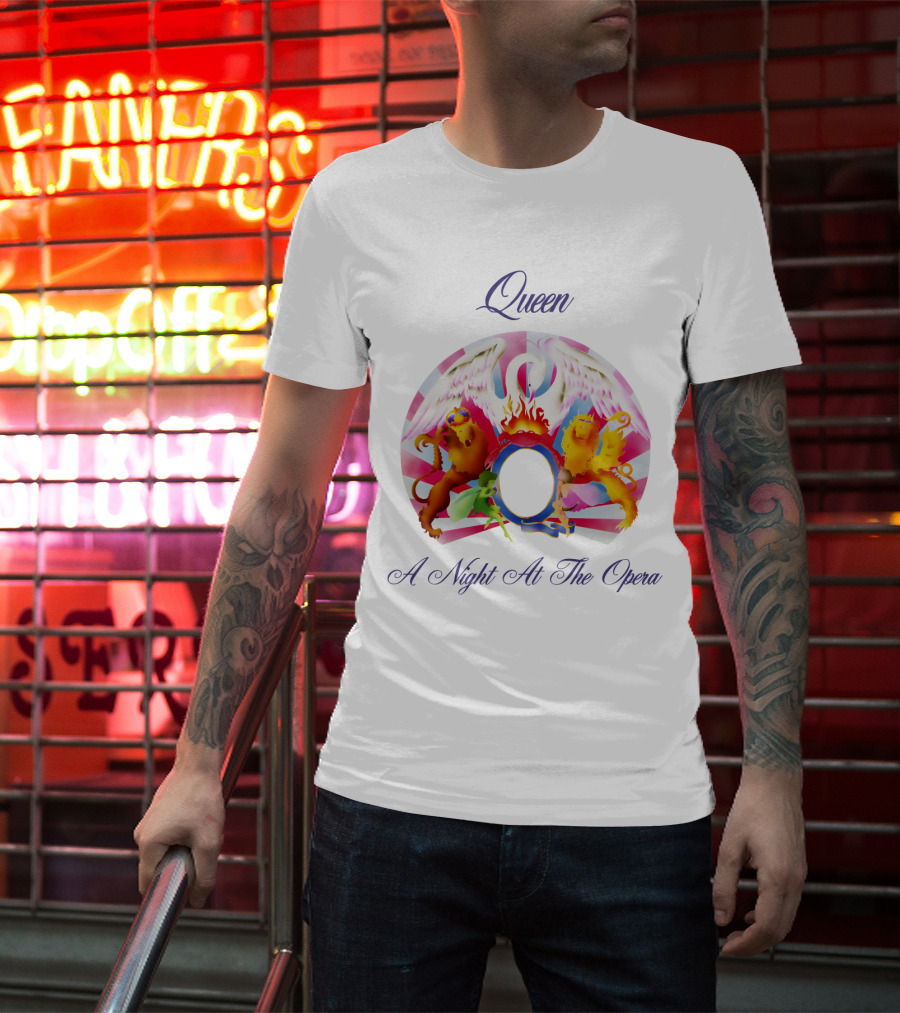 Queen A Night At The Opera Album Cover Art With Colorful Mythical Creatures And Winged Symbolism T-Shirt