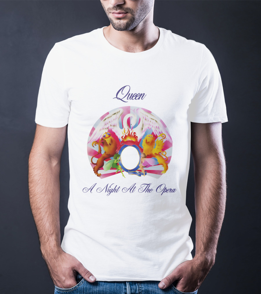 Queen A Night At The Opera Album Cover Art With Colorful Mythical Creatures And Winged Symbolism T-Shirt