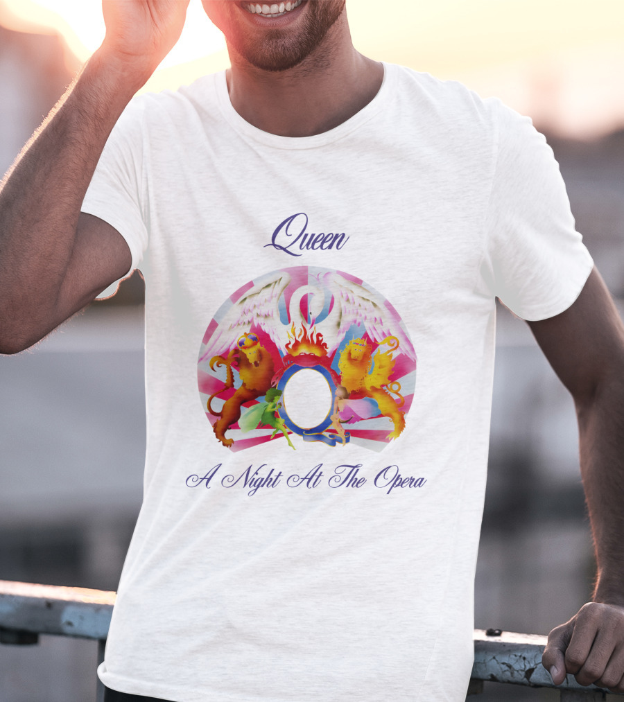 Queen A Night At The Opera Album Cover Art With Colorful Mythical Creatures And Winged Symbolism T-Shirt