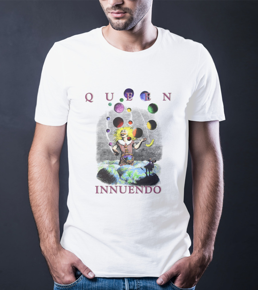 Queen Innuendo Juggling Planets And Moons Clown Surreal Artwork T-Shirt