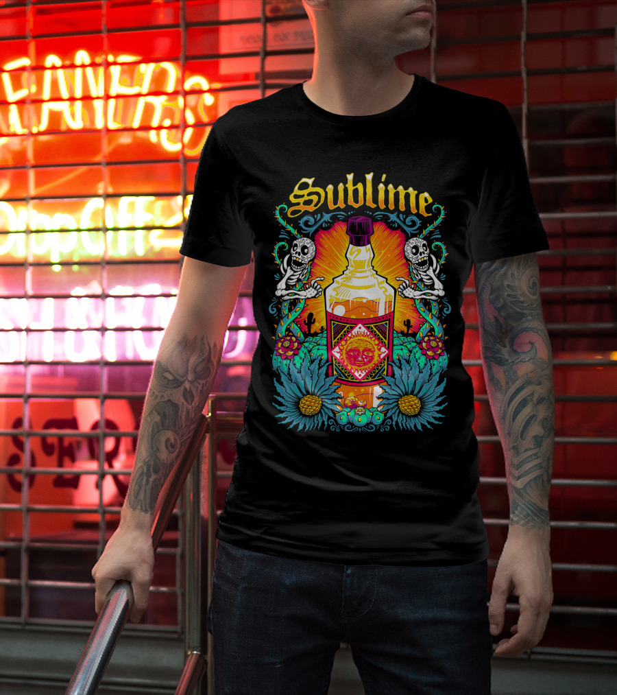 Sublime Tequila Bottle With Skeletons And Flowers T-Shirt