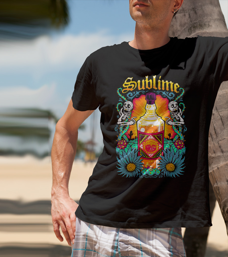 Sublime Tequila Bottle With Skeletons And Flowers T-Shirt