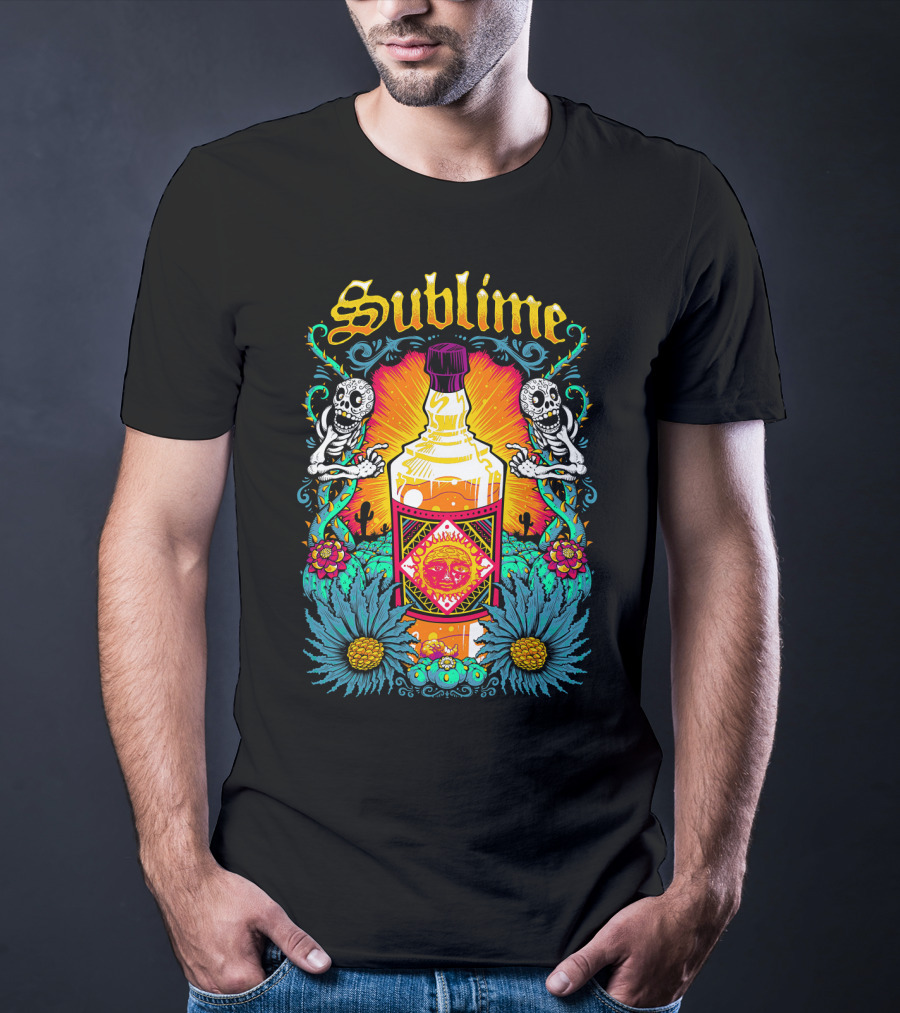 Sublime Tequila Bottle With Skeletons And Flowers T-Shirt