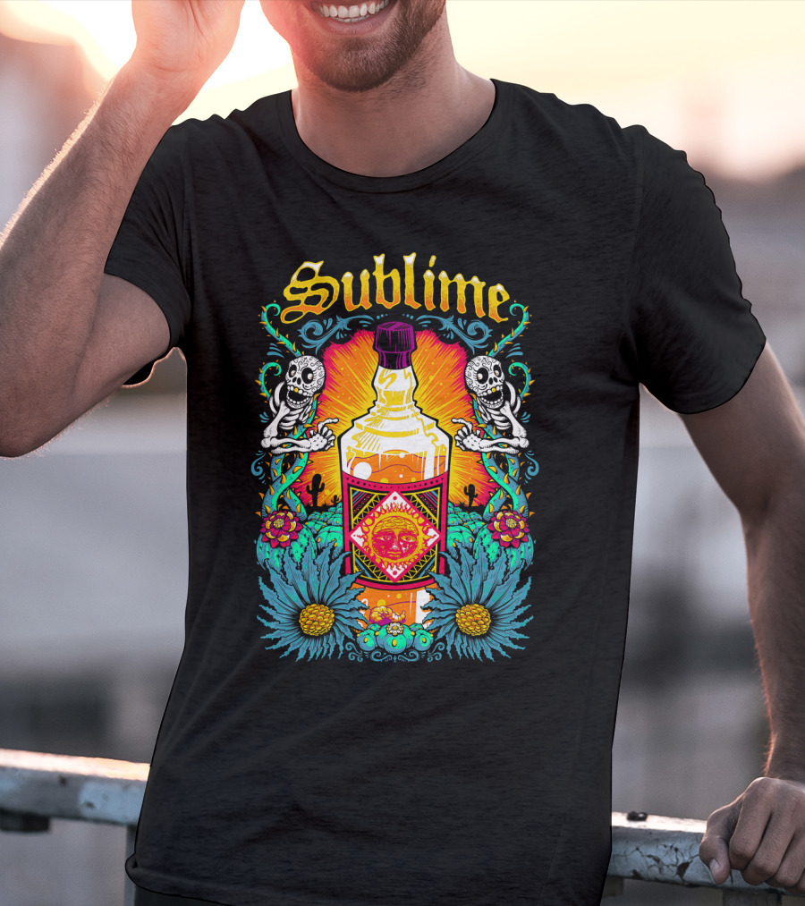 Sublime Tequila Bottle With Skeletons And Flowers T-Shirt