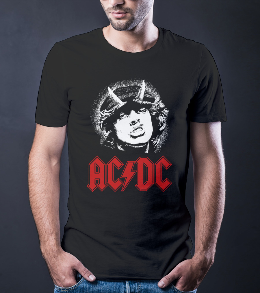 Acdc Rock Band Portrait With Red Logo And Horns T-Shirt