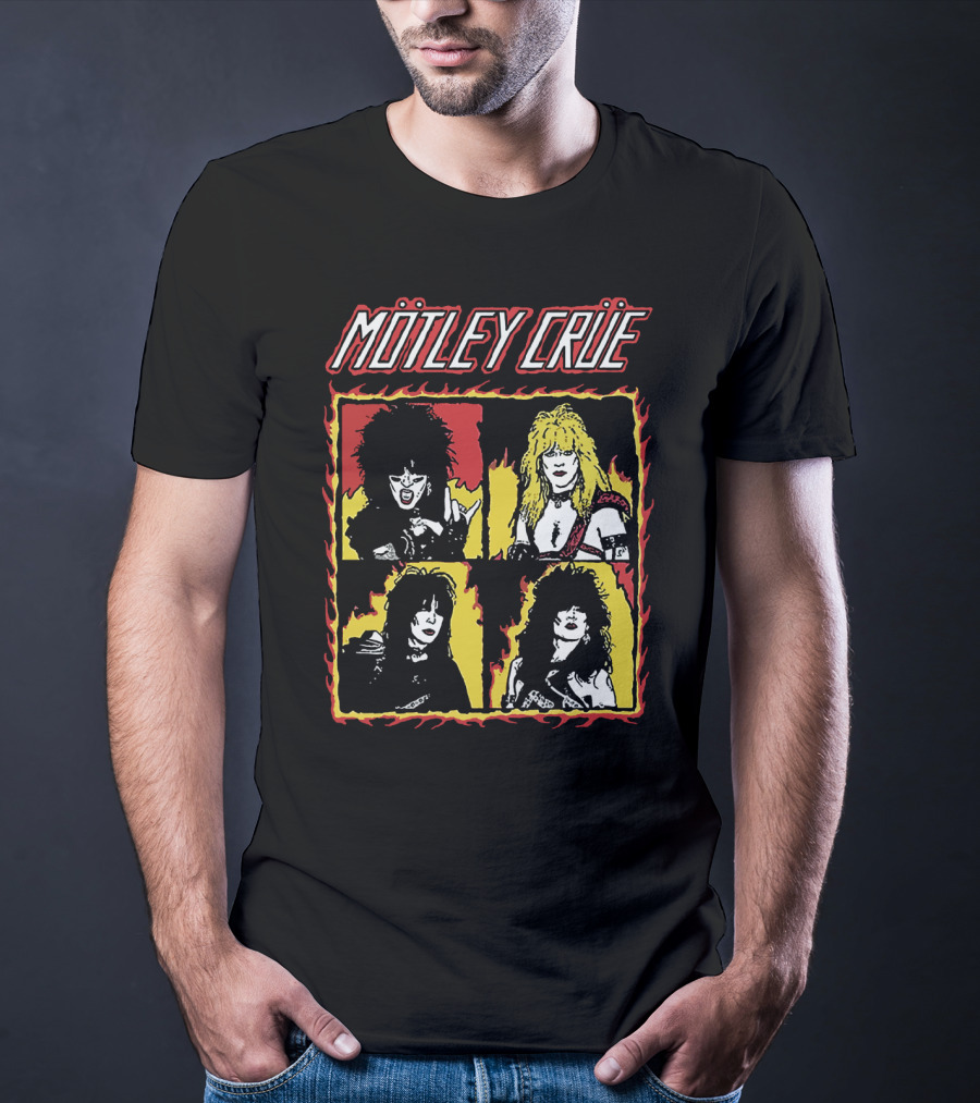 Mötley Crüe Cartoon Band Members Fire Border T-Shirt