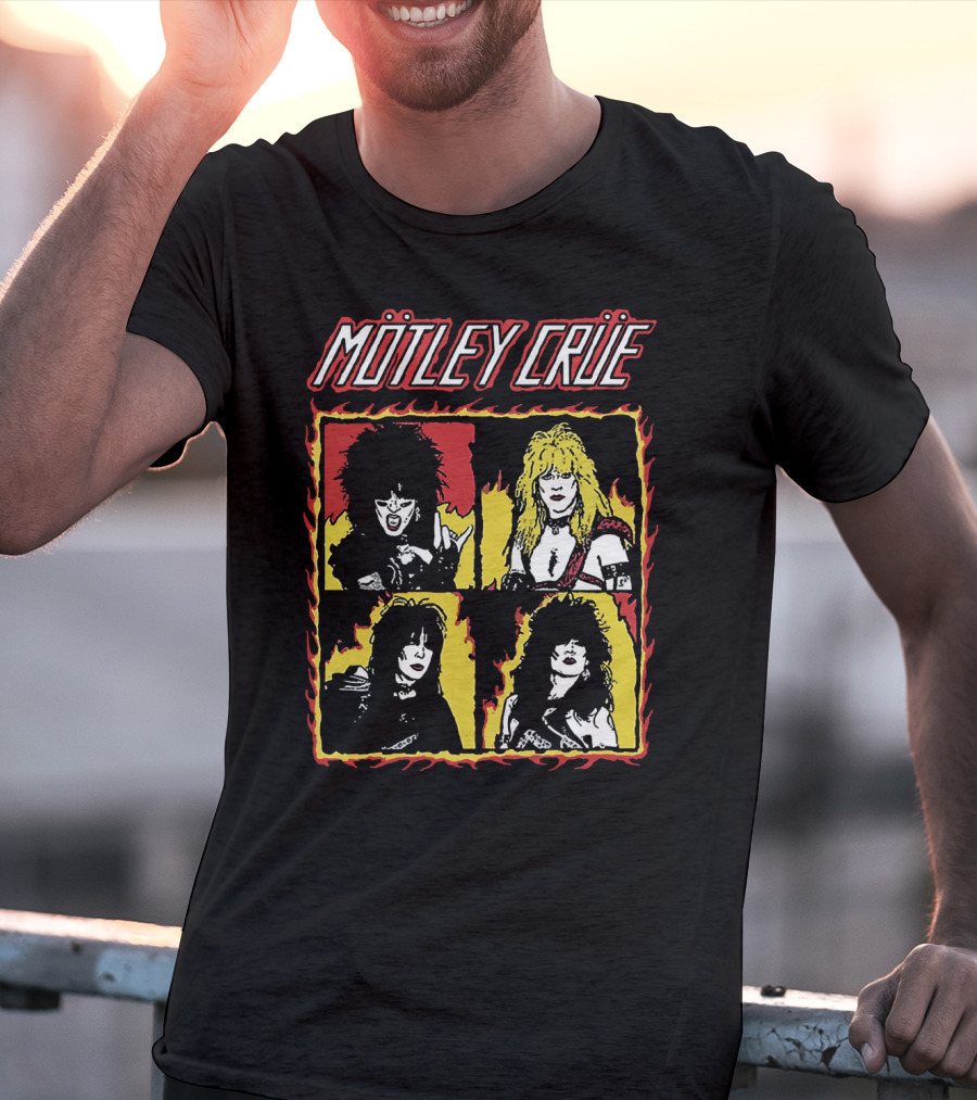 Mötley Crüe Cartoon Band Members Fire Border T-Shirt