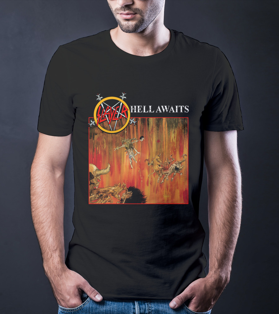 Slayer Hell Awaits Logo With Demonic Falling Figures And Fiery Scene T-Shirt