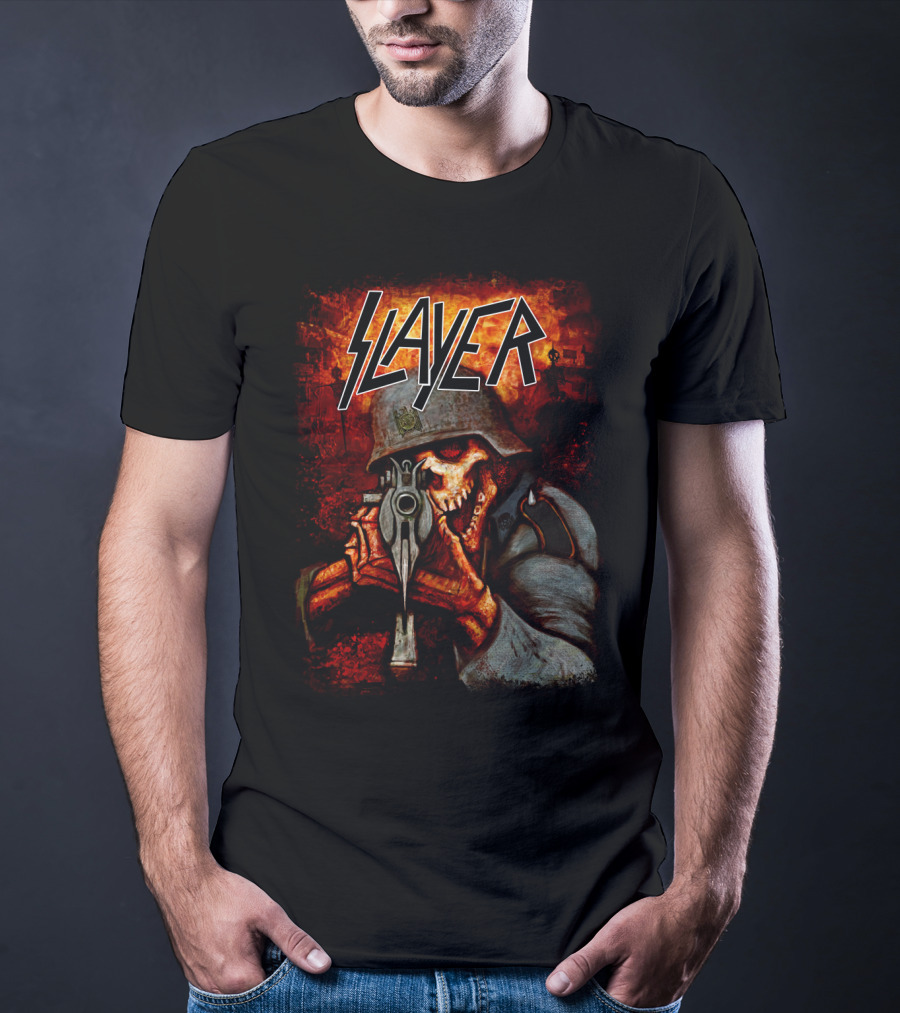 Slayer Hellish Soldier Skeleton Aiming Gun Blaze T-Shirt