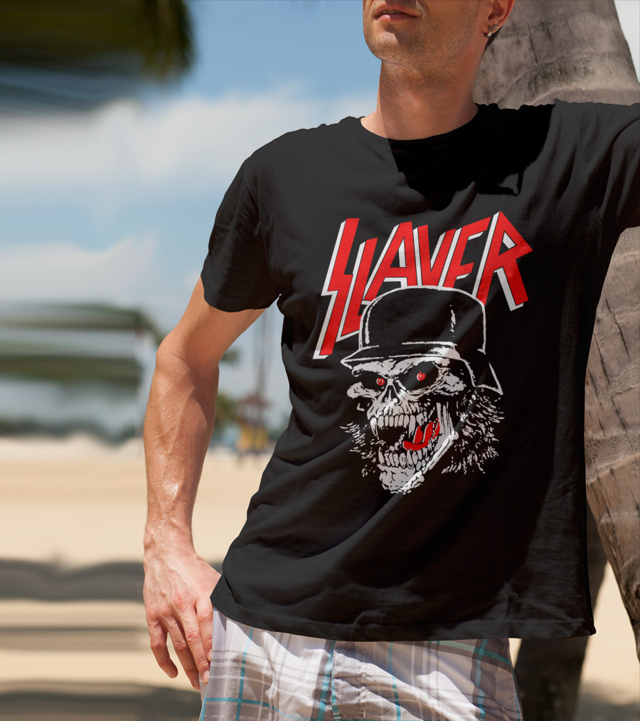 Slayer Skull With Helmet And Red Eyes T-Shirt