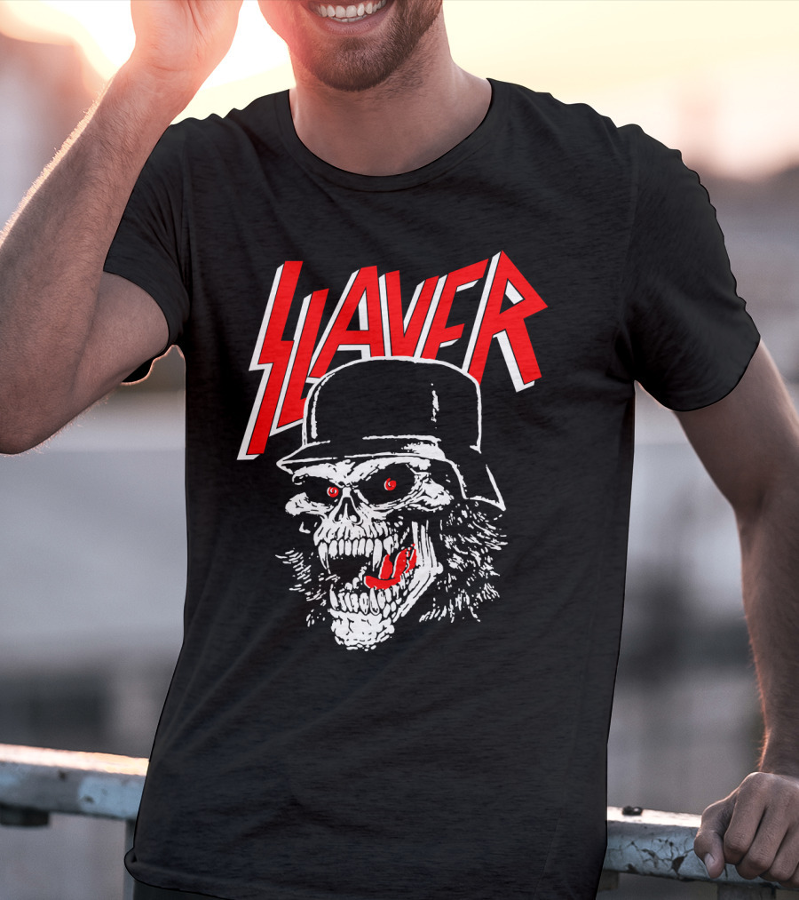 Slayer Skull With Helmet And Red Eyes T-Shirt