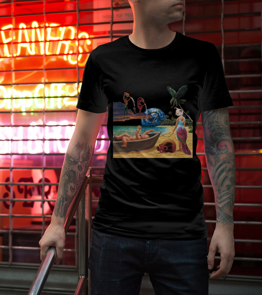 Surreal Tropical Scene With Mermaid And Earth T-Shirt