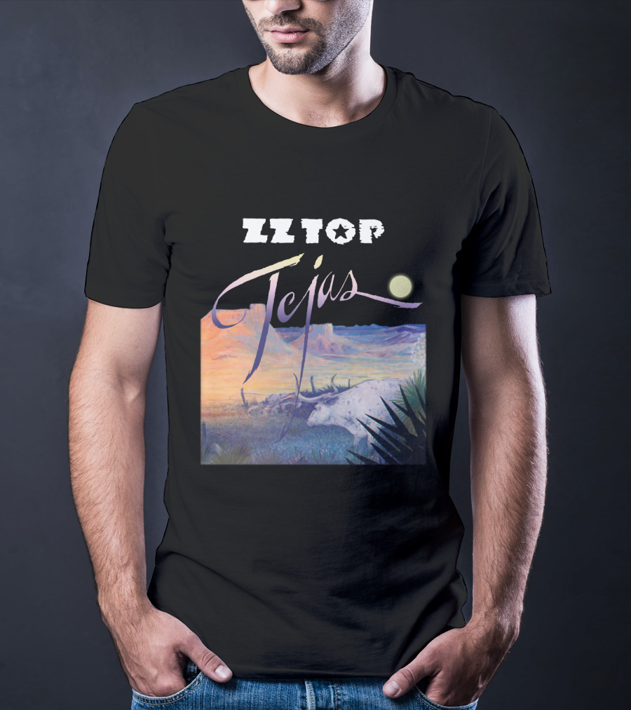Zz Top Tejas Desert Scene With White Longhorn Under Moon T-Shirt