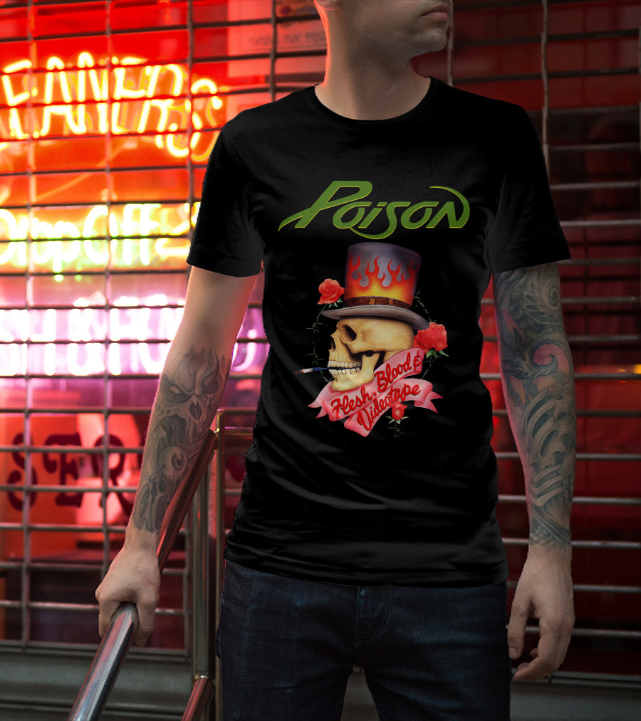 Poison Flesh Blood & Videotape Skull With Roses And Cigarette T-Shirt
