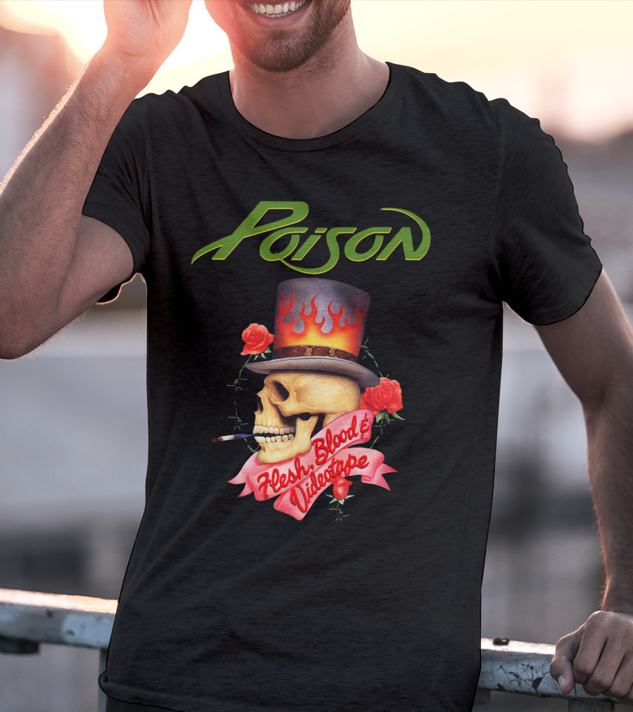 Poison Flesh Blood & Videotape Skull With Roses And Cigarette T-Shirt