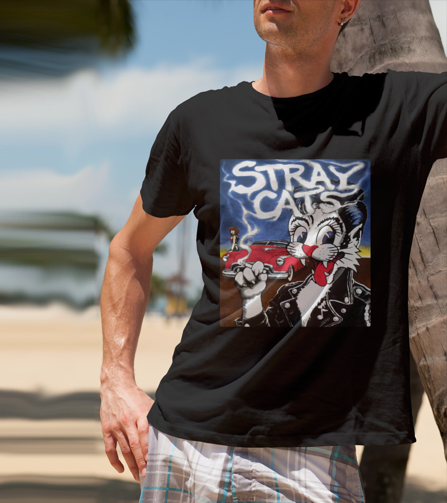 Stray Cats Rockabilly Band Retro Art With Cat Smoking In Leather Jacket T-Shirt