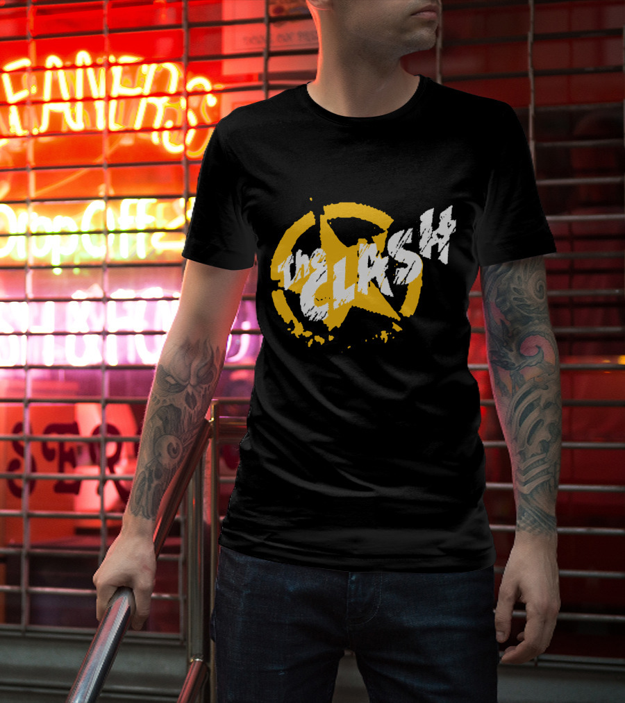 The Clash Star Logo Distressed Style Yellow And White T-Shirt