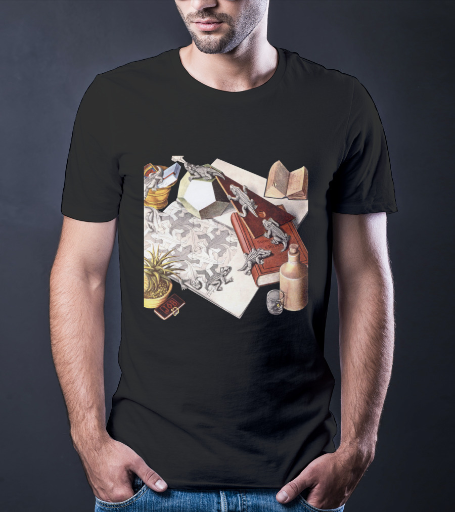 M.c. Escher 1988 Reptiles Optical Illusion Morphing Creatures Book And Geometric Patterns T-Shirt