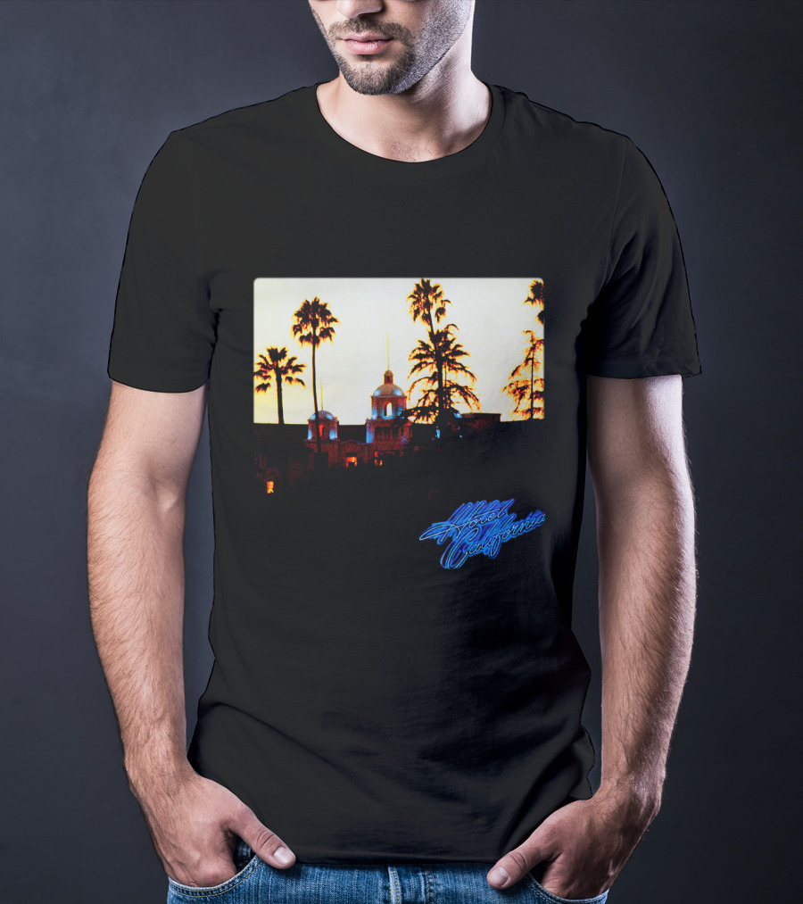 Hotel California Night Scene With Palm Trees And Neon Style T-Shirt