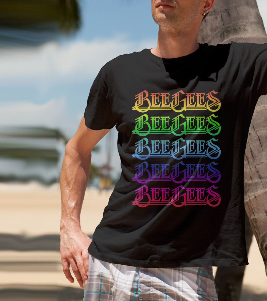 Bee Gees Rainbow Text Multi-Color Typography T-Shirt